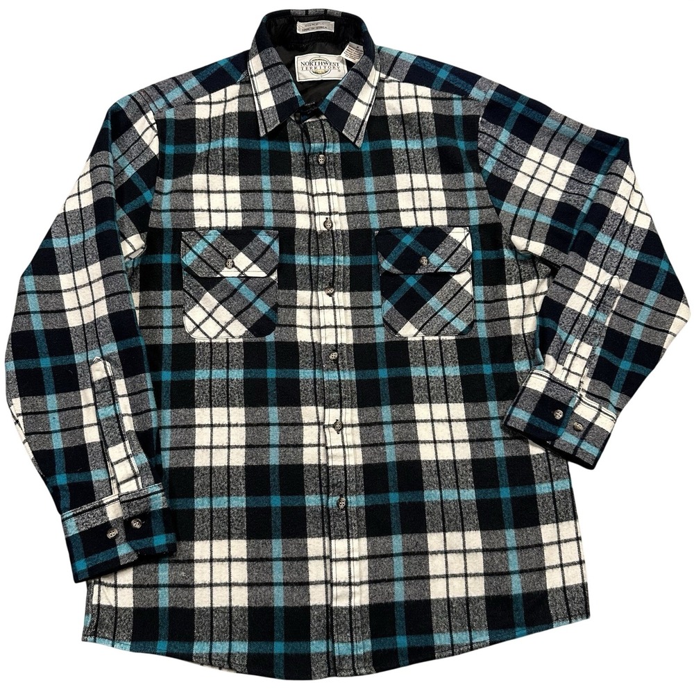 Northwest Territory Plaid Flannel Shirt Mens Medium Teal Black White Excellent‎